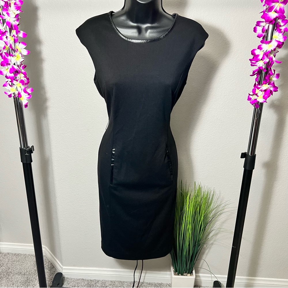 LAST PRICE Calvin Klein Black Faux Leather Neck Pocket Zipper Bodycon Dress